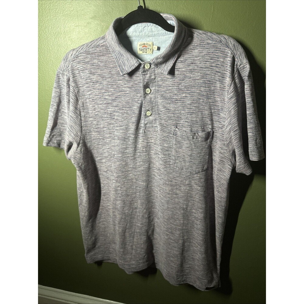 Faherty Shirt Mens Medium Blue Striped Short Sleeve Heather Polo Lightweight